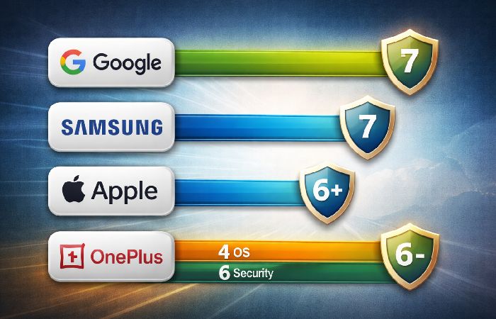 Comparison of software update years for Google Pixel, Samsung Galaxy, and Apple iPhone