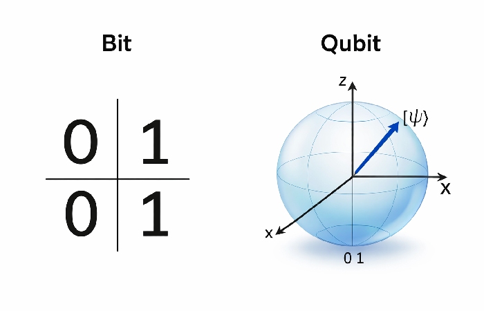 Diagram comparing a classical bit (0/1) with a qubit represented on a Bloch sphere