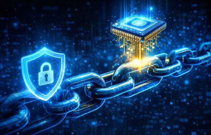 Blockchain chain with quantum chip hovering above and security shield icon