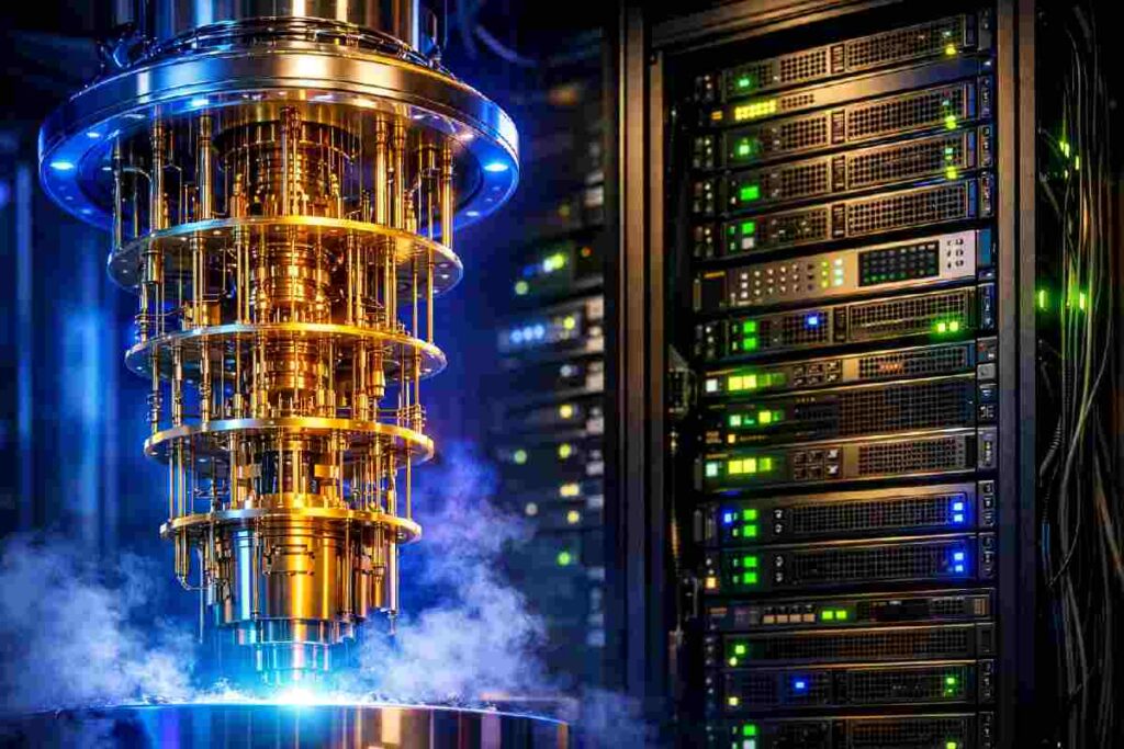 Quantum computer cryostat beside a classical server rack