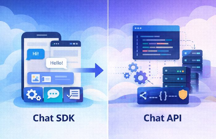 Visual comparison of Chat SDK versus Chat API showing differences in UI, setup, and customization