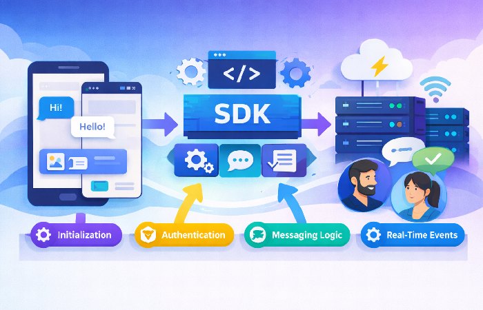 Illustration showing how a chat SDK connects an app interface to real-time messaging infrastructure