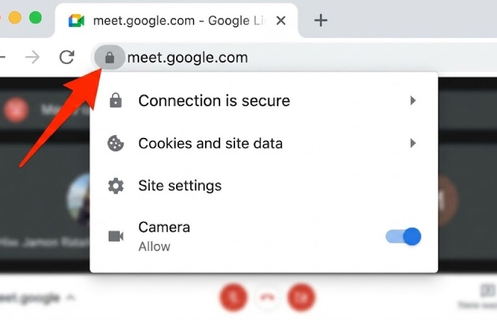 Close-up of Chrome browser address bar showing how to click the lock icon to allow camera access for a specific website.