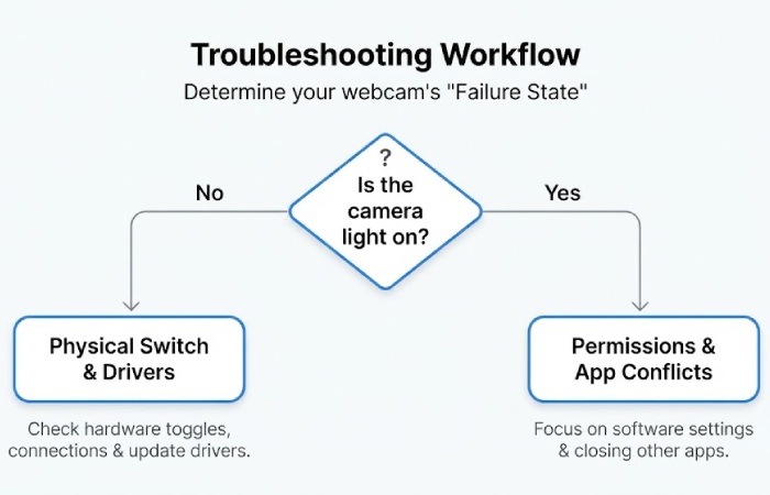 Flowchart for diagnosing webcam issues_ checking hardware switches versus software permissions based on the camera indicator light.