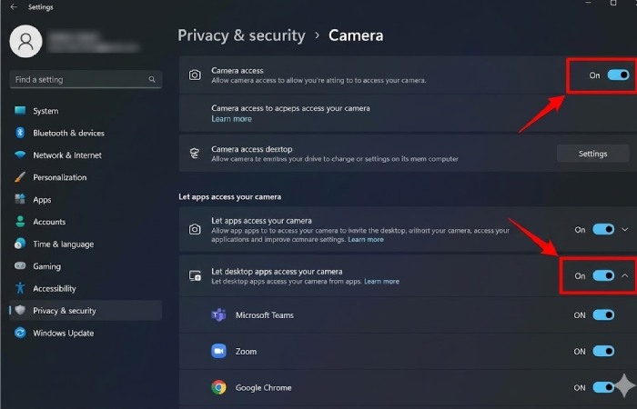 Screenshot of Windows 11 Camera Privacy settings showing the _Camera access_ and _Let desktop apps access your camera_ toggles switched to On.