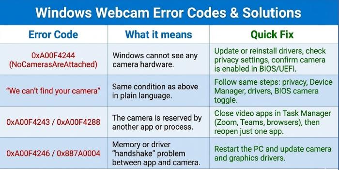 Table summarizing Windows webcam error codes like 0xA00F4244 and 0xA00F4243 with their meanings and solutions.