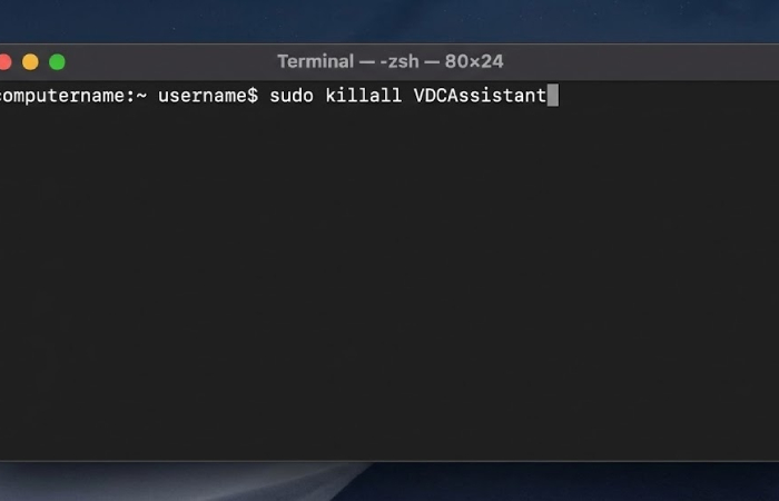 macOS Terminal window showing the command sudo killall VDCAssistant used to reset the camera background process.