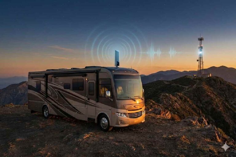 A modern RV using a roof-mounted cellular booster to stay connected in a remote mountainous region.