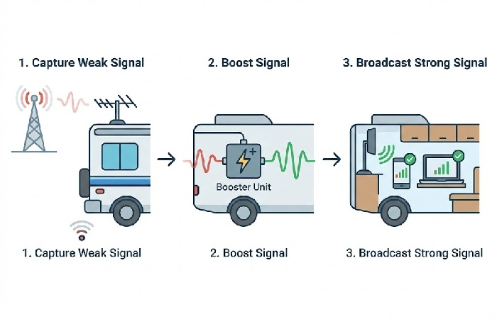 Infographic showing the three-stage process of signal capture, amplification, and internal broadcast in an RV.