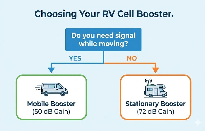 A flowchart helping users decide between a mobile booster for driving or a stationary booster for parked camping.