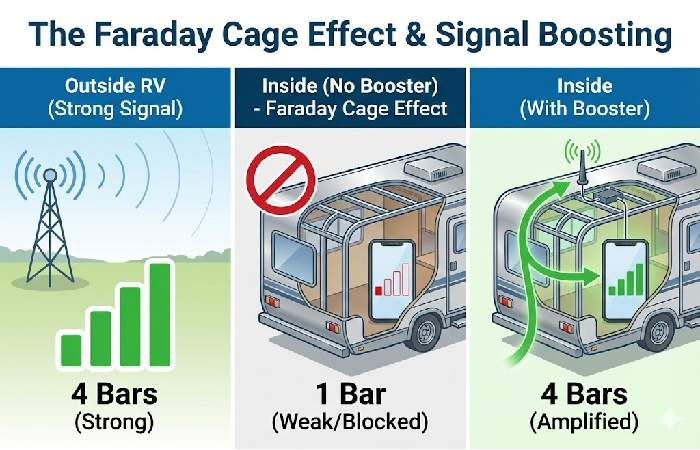 Chart comparing cellular signal strength outside an RV versus inside a metal-framed RV with and without a booster.