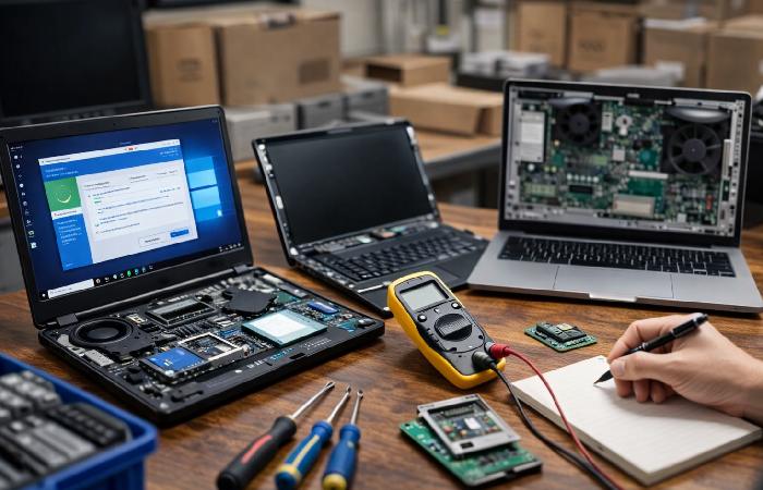 Different levels of computer repair from software fixes to hardware diagnostics