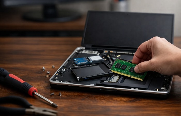Upgrading laptop components such as SSD or RAM during a computer repair