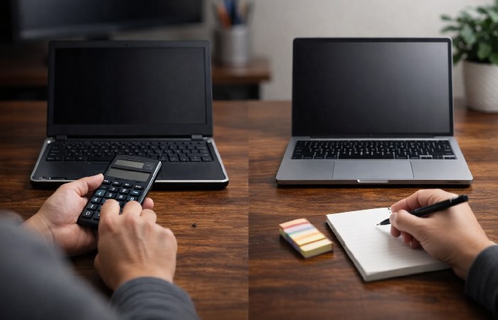Person comparing an older computer with a newer replacement while calculating costs