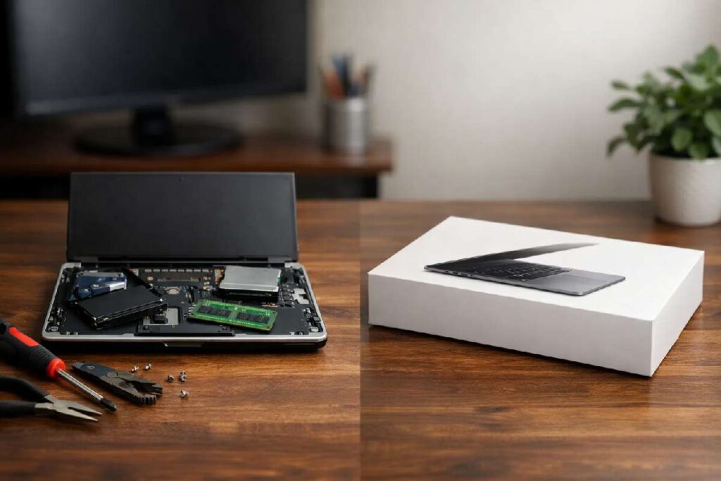 Computer repair tools next to a laptop compared with a new replacement device