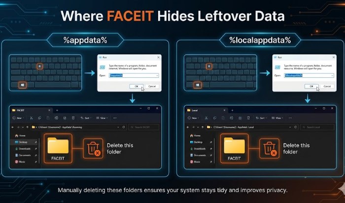 Infographic showing the Windows file paths for %appdata% and %localappdata% to find leftover FACEIT folders.