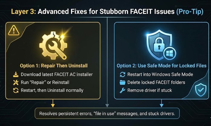 Troubleshooting graphic for FACEIT "blue screen" or "stuck uninstaller" issues using Safe Mode.