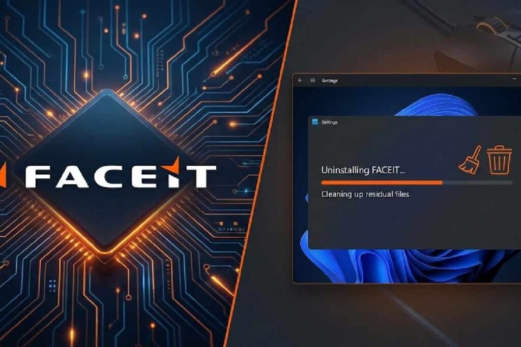A computer screen showing the FACEIT logo being moved to a recycle bin, representing a clean uninstall from Windows.