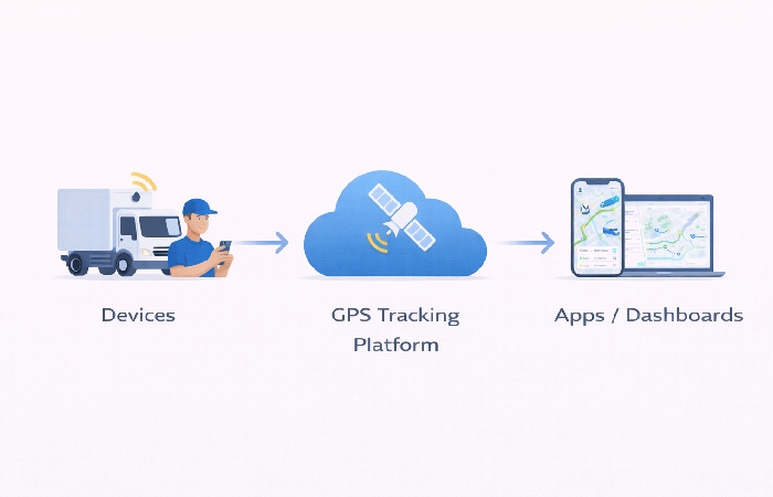 Diagram showing vehicles and phones sending GPS data to a cloud tracking platform that powers mobile and web apps.