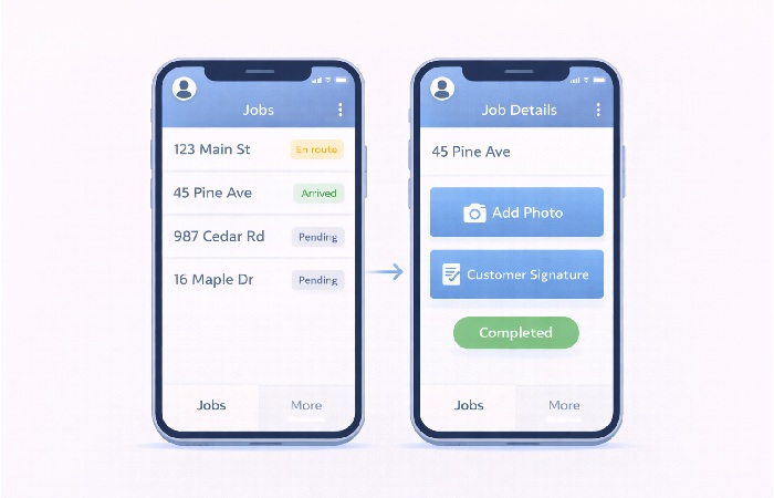 Mockup of a GPS tracking mobile app showing a job list and a completed job with photo and customer signature.