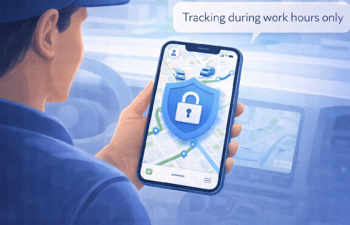 A driver using a GPS tracking app with a shield icon and a note about tracking only during work hours.