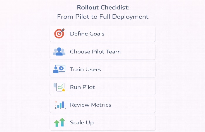Checklist graphic showing key steps to roll out a GPS tracking mobile app from pilot to full deployment.