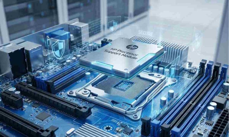 A high-tech 3D render of HP server hardware components representing the HP Processor Support Module.