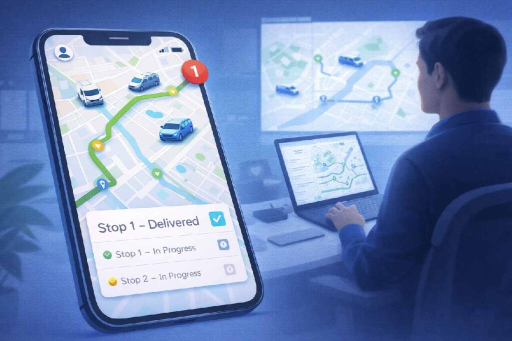 A smartphone showing GPS-tracked vehicles on a map with routes, jobs, and alerts, watched by a dispatcher on a laptop.