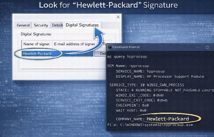 A visual guide showing how to check the digital signature of an HP process to ensure its authenticity.