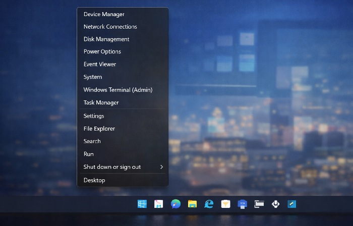 Windows Win+X secret start menu with system shortcuts