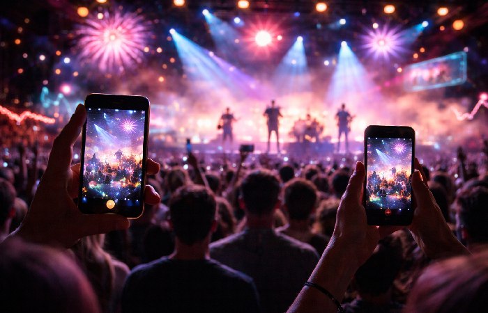 Concert crowd watching a live band with augmented reality effects visible on smartphones