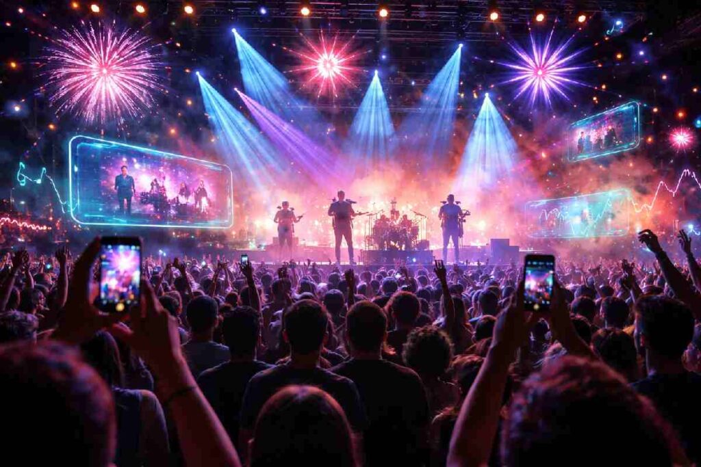 Will Augmented Reality Kill Live Music? A Clear Answer Augmented reality visuals layered over a live music concert crowd