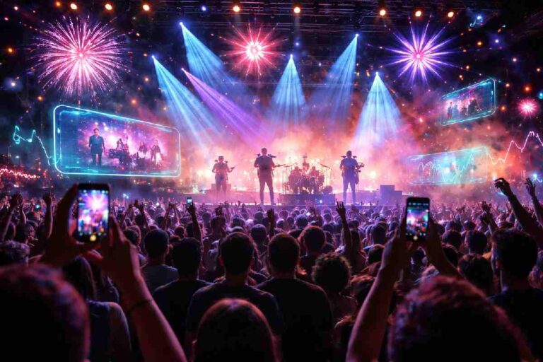 Augmented reality visuals layered over a live music concert crowd