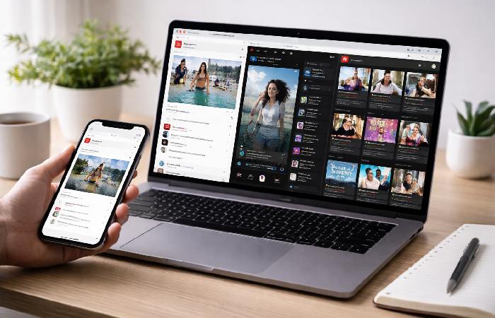 Managing multiple social media platforms on laptop and phone