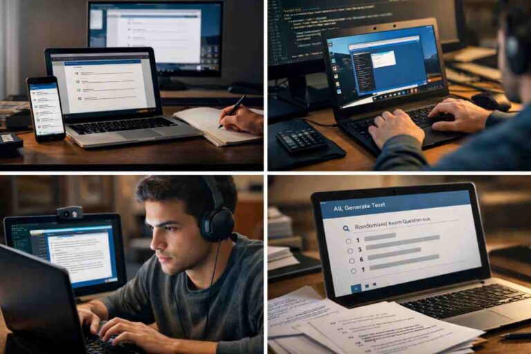 Student taking an online exam on a laptop with secondary devices nearby and secure browser monitoring displayed on screen