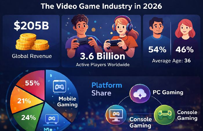 Video game industry statistics showing revenue player base and platform share