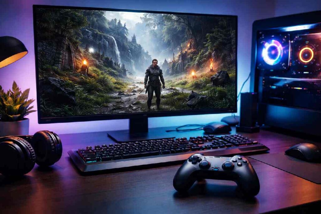 Modern video gaming setup with controller and gameplay on screen