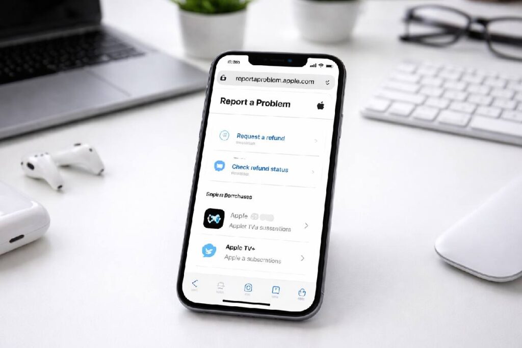Report a Problem screen on Apple’s official support page showing refund and purchase help after signing in at reportaproblem.apple.com