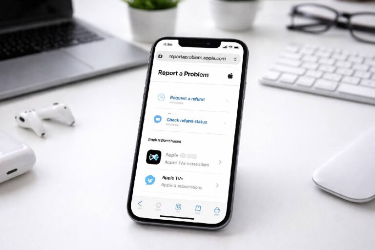 Report a Problem screen on Apple’s official support page showing refund and purchase help after signing in at reportaproblem.apple.com