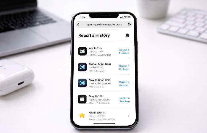 Apple purchase history interface showing subscriptions and charges within the user’s reportaproblem.apple.com account view
