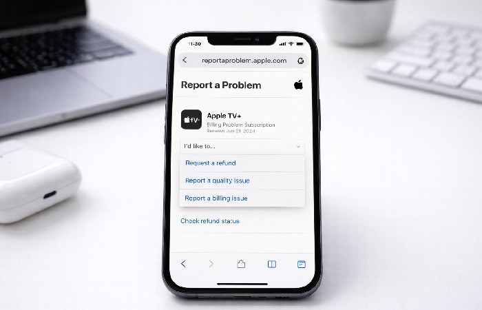 Example of the official Report a Problem website on reportaproblem.apple.com showing a purchase and issue selection dropdown
