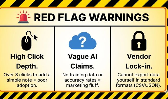 A warning graphic listing three red flags during software demos_ high click depth for common tasks, vague AI claims without data, and vendor lock-in preventing easy data export.