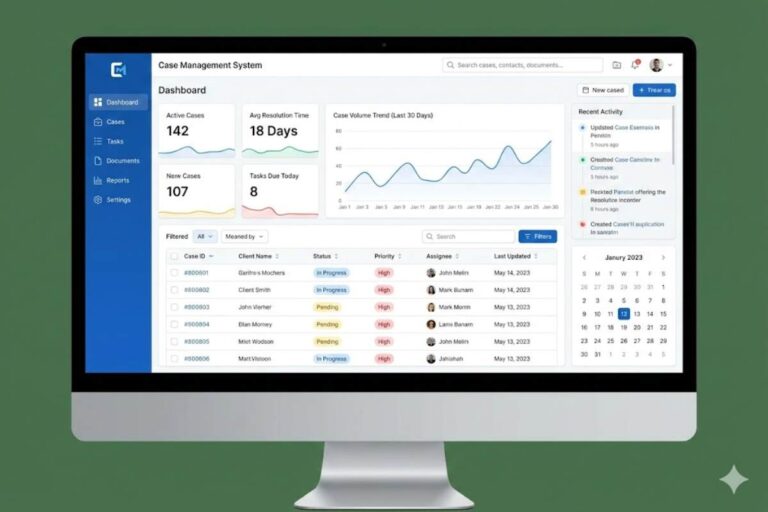 Case management system dashboard on a monitor showing case metrics, a volume trend chart, and a prioritized case list.