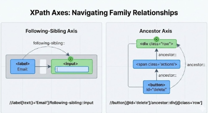 Diagram of XPath Axes_ The left shows following-sibling moving from label to input; the right shows ancestor moving up from a delete button to its parent row div container.