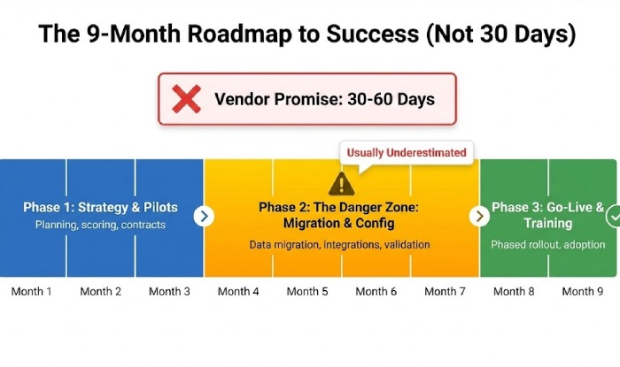 Horizontal timeline showing a realistic 9-month implementation, highlighting long data migration versus 30-day promises.