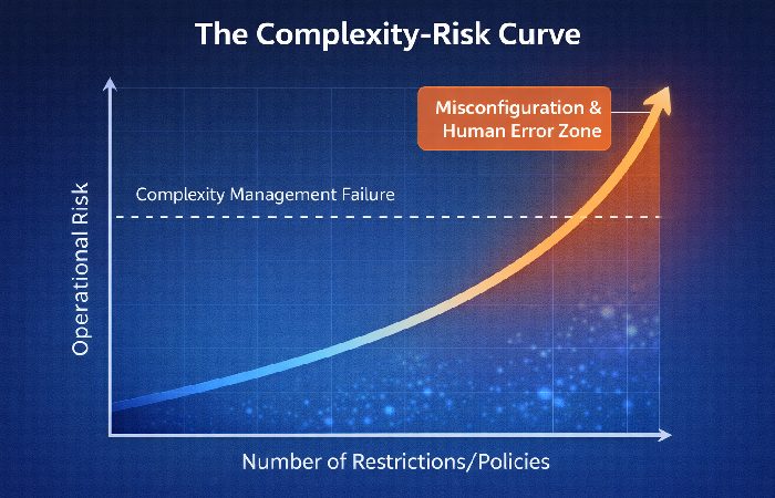 A graph demonstrating how increasing iOS MDM restrictions eventually raises security risks due to configuration complexity.