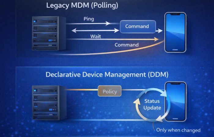 A flowchart comparing legacy command-based MDM polling versus Apple's modern Declarative Device Management workflow.