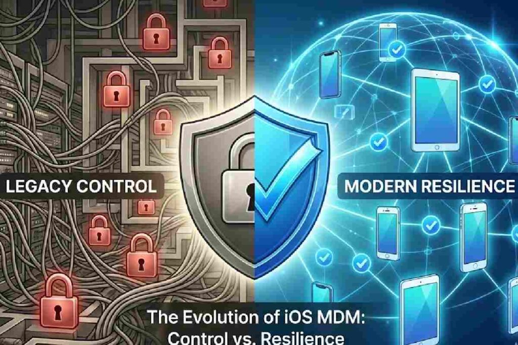 A conceptual illustration comparing outdated, rigid iOS MDM control with modern, resilient declarative device management.