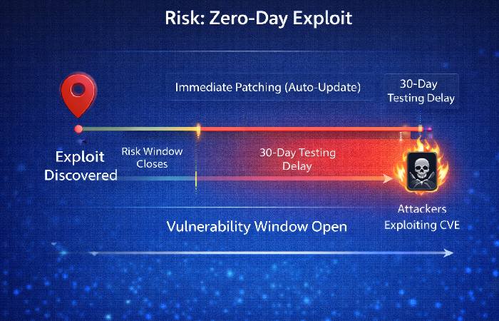 A timeline visualization showing how delaying iOS updates for testing significantly widens the window for zero-day exploits.
