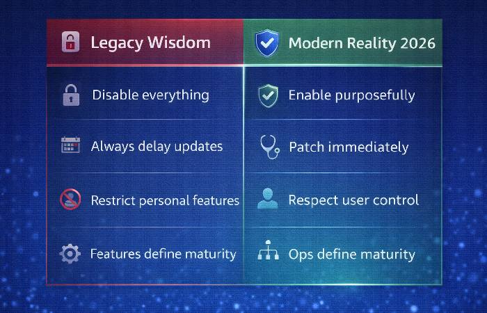 A comparison table summarizing outdated iOS MDM advice versus modern 2026 security best practices.